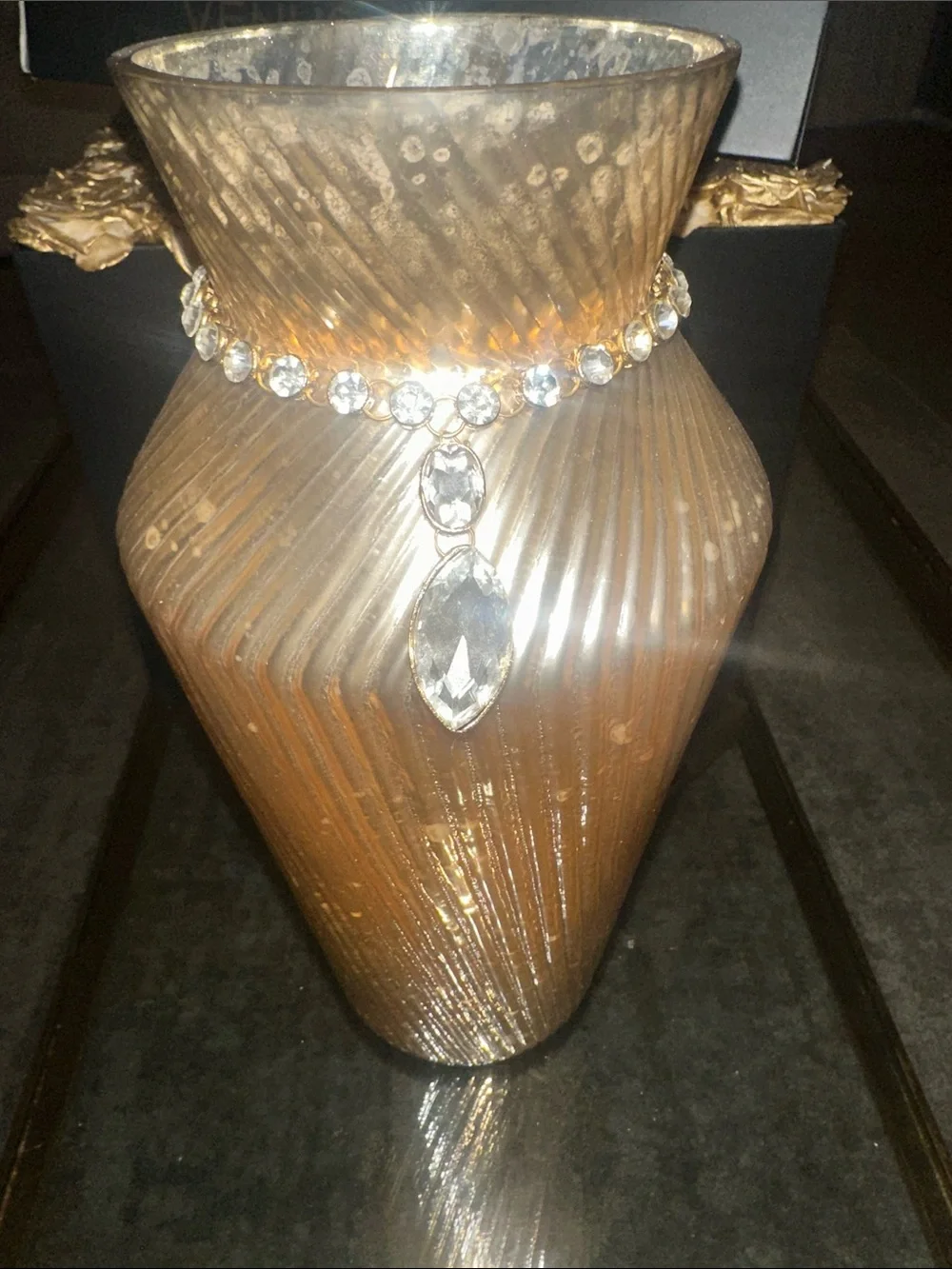 Gold Ribbed Decorative Vase with Crystal Pendant